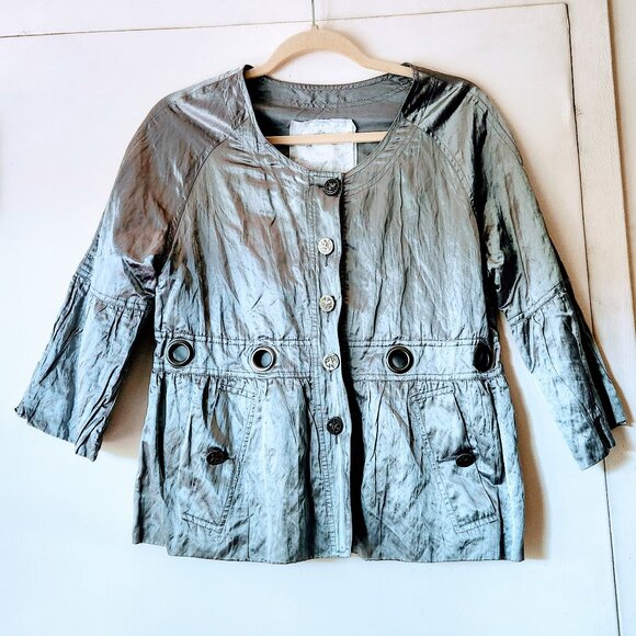 CINO Silver Grey Lined Sm Button Down 3/4 sleeve Women's Crinkle Pockets Jacket - Picture 1 of 13